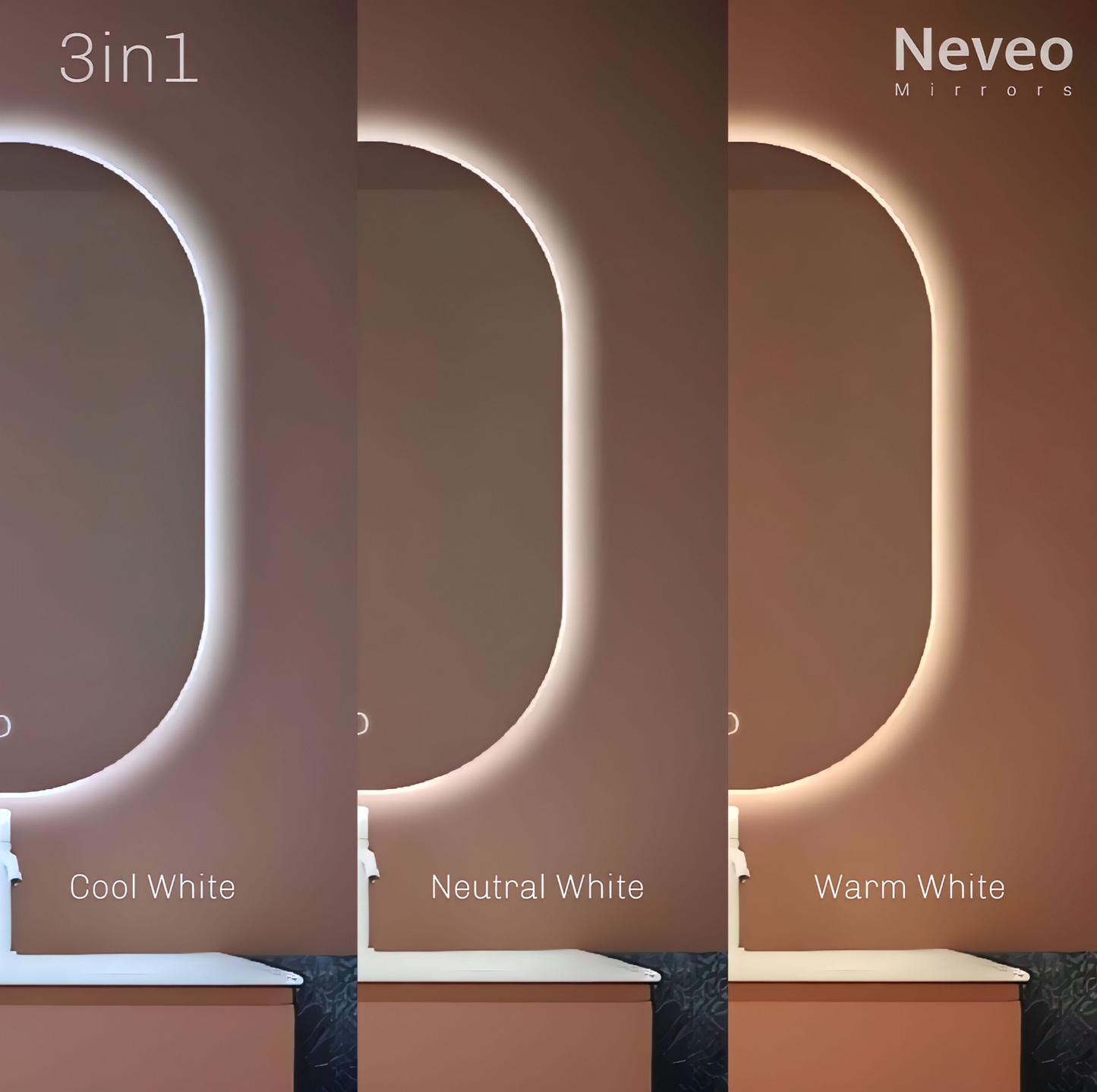 Neveo led mirror 3in1 capsule 17"-24" for bathroom vanity wash basin