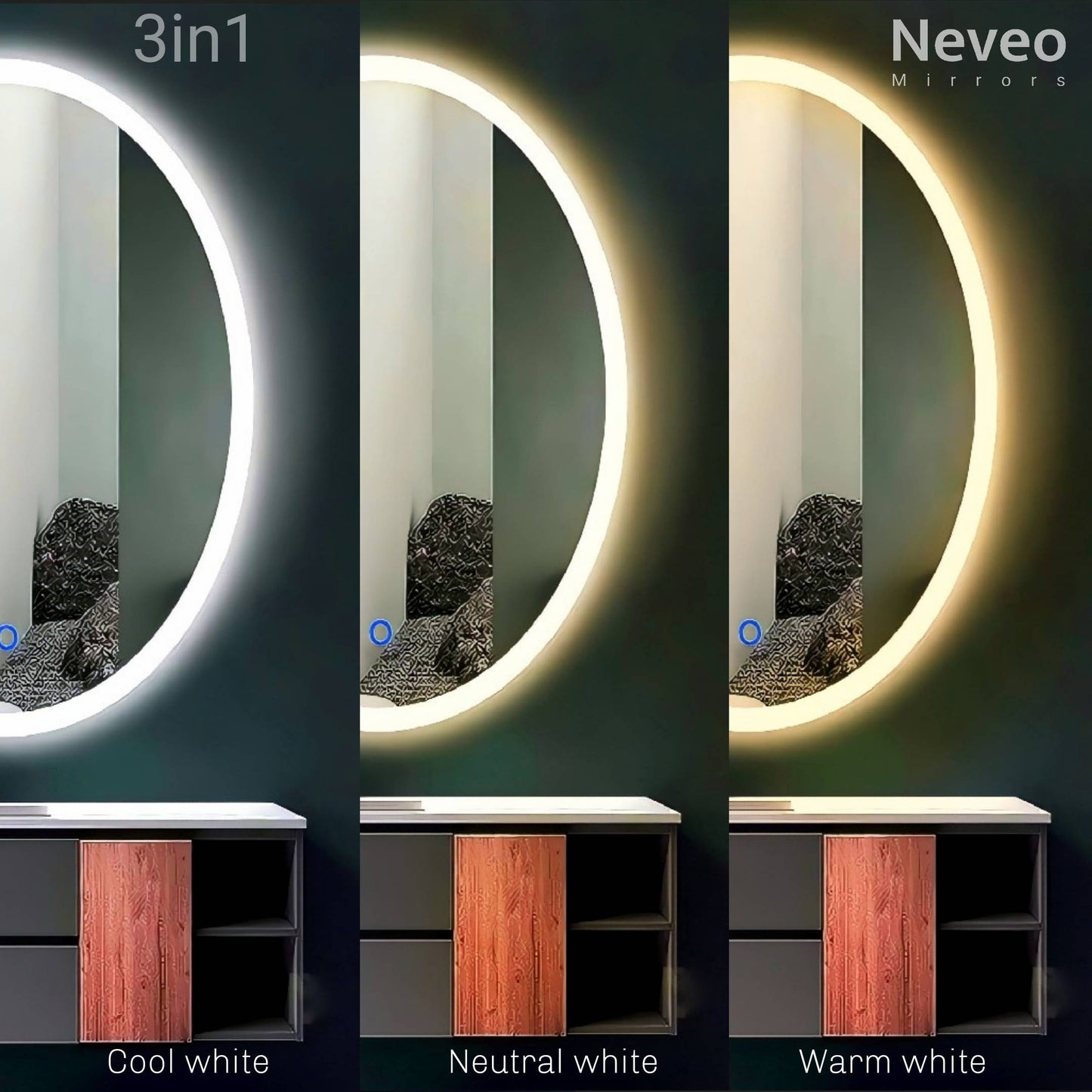 Neveo led mirror 3in1 oval 18"-24" for bathroom vanity wash basin
