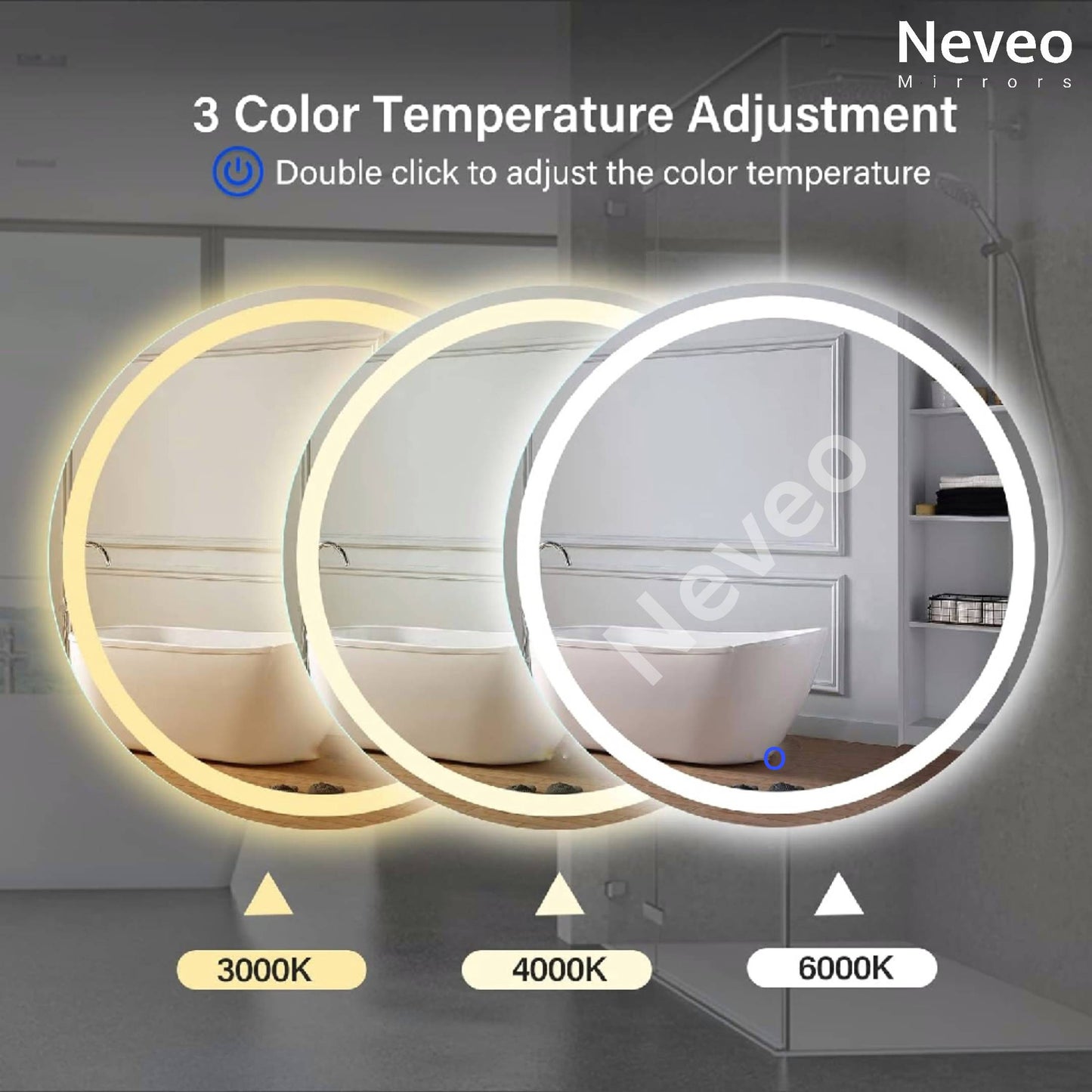 Neveo Mirrors® Round 3in1 led Light Mirror with Touch Sensor on/Off and Brightness Controls for Bathroom washbasin Vanity Hallway Bedroom Kitchen