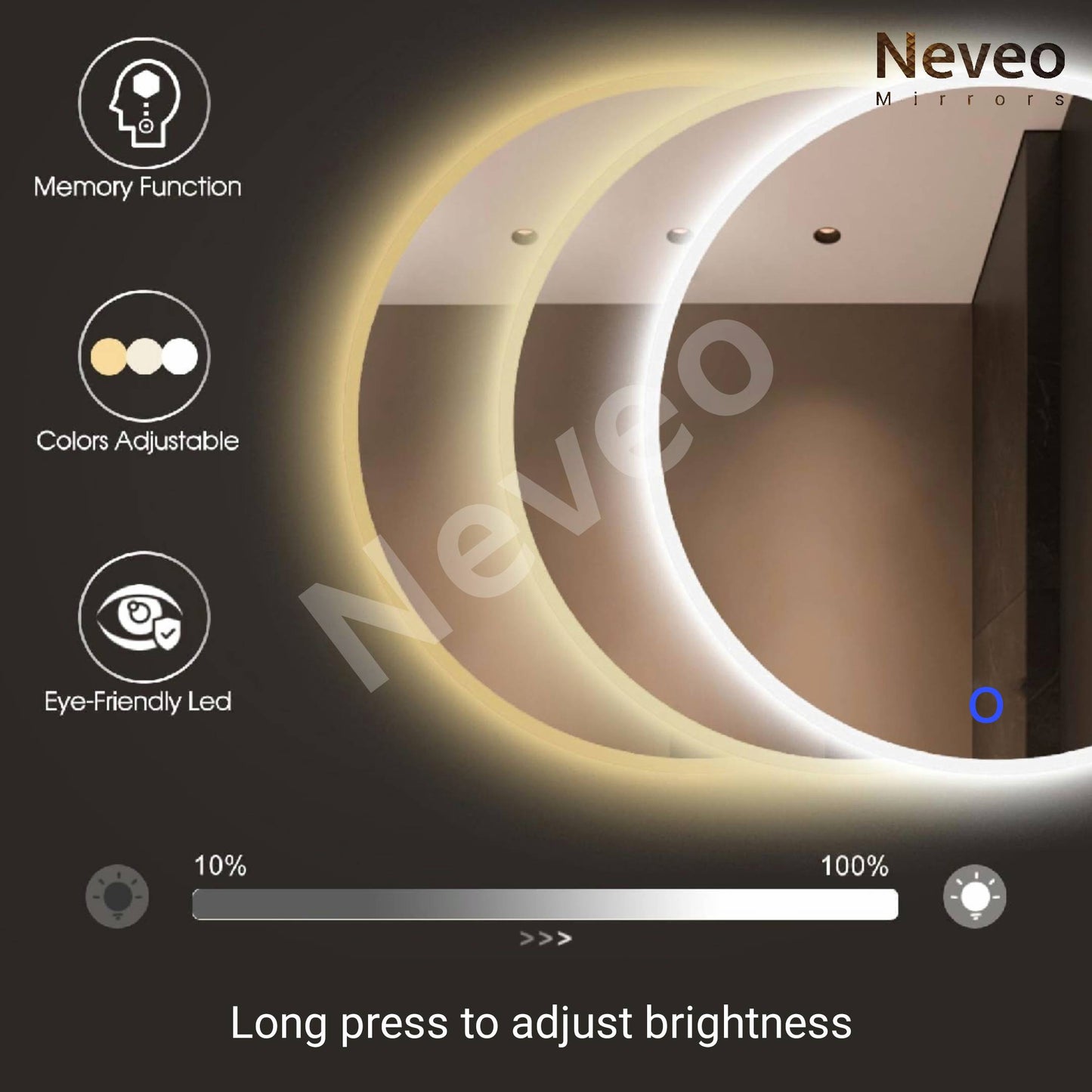 Neveo Mirrors® Round 3in1 led Light Mirror with Touch Sensor on/Off and Brightness R-1